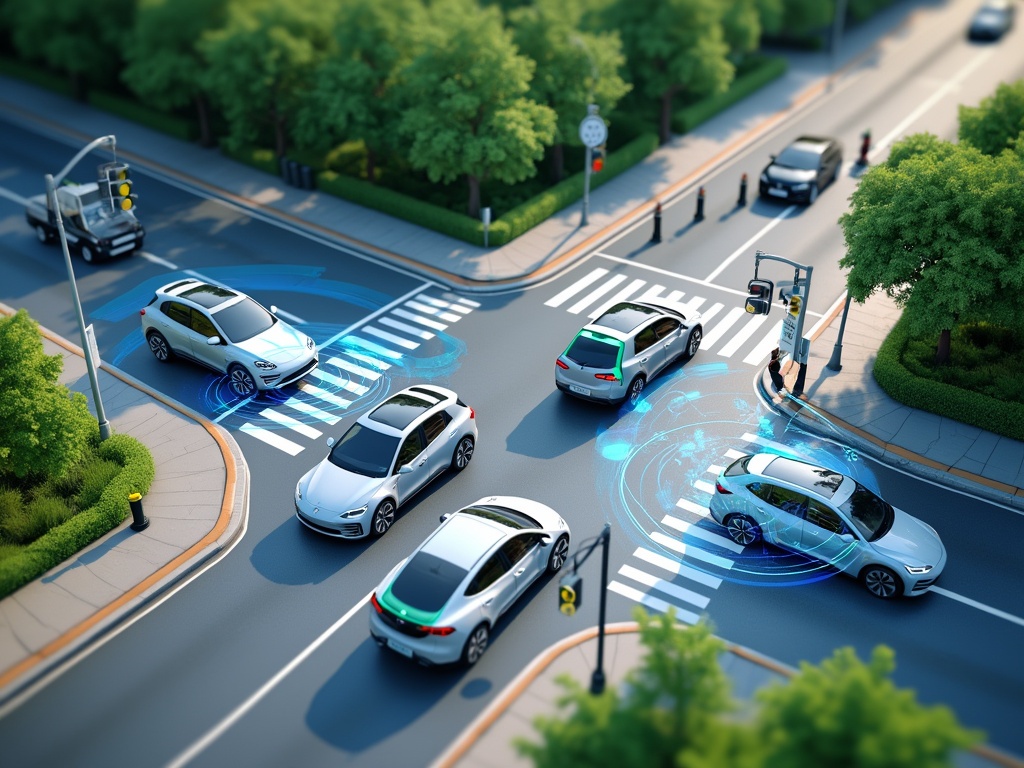 Autonomous vehicles and cyclists interacting at a busy intersection.