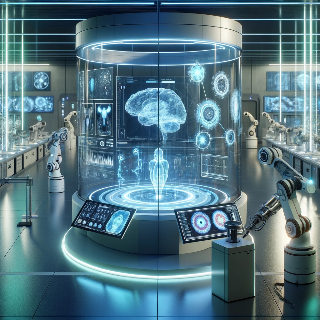 Futuristic lab with holographic brain and robotic arms.