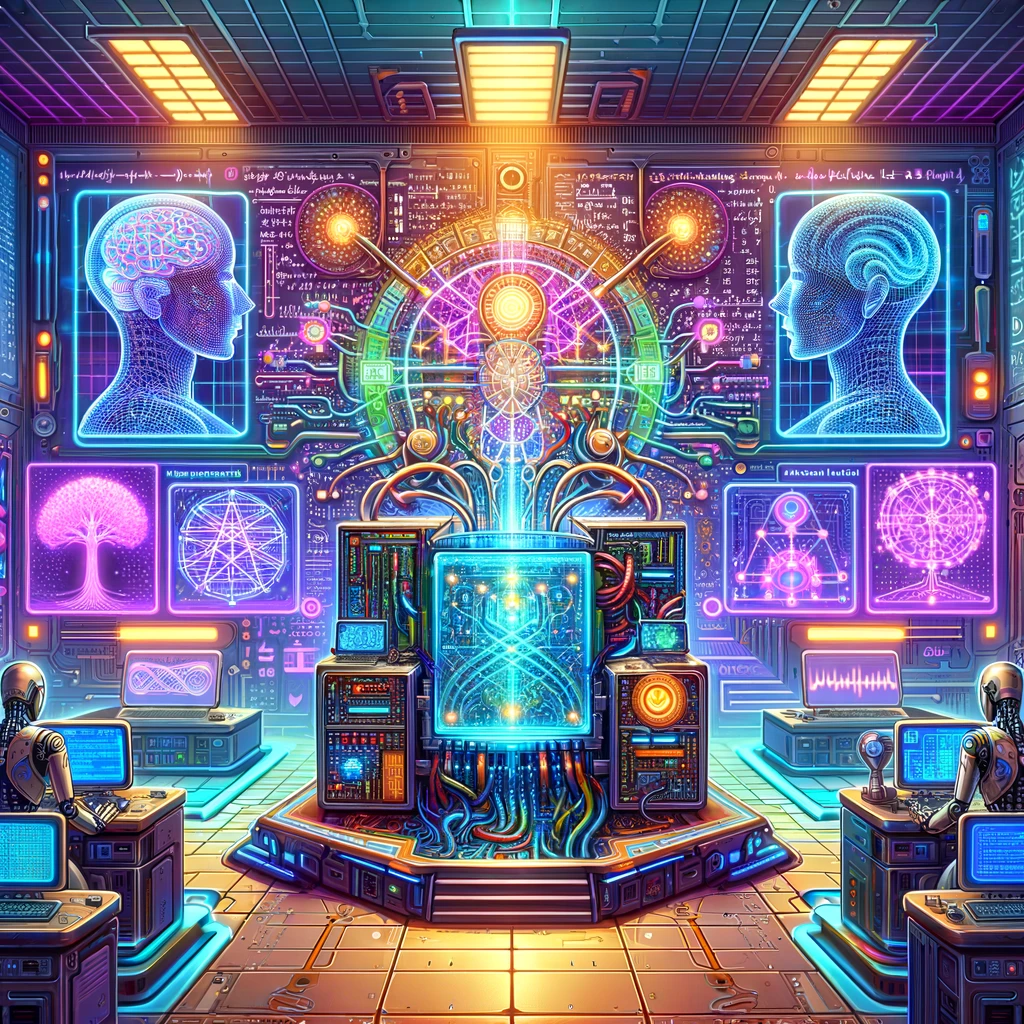 A futuristic laboratory with glowing displays and robots.