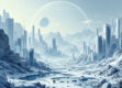 A futuristic landscape with geometric shapes and minimalist design elements depicting intelligent systems.
