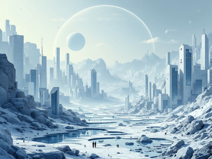 A futuristic landscape with geometric shapes and minimalist design elements depicting intelligent systems.