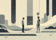 A minimalist, futuristic landscape illustrating an abstract conversation between a human figure and a technological entity.