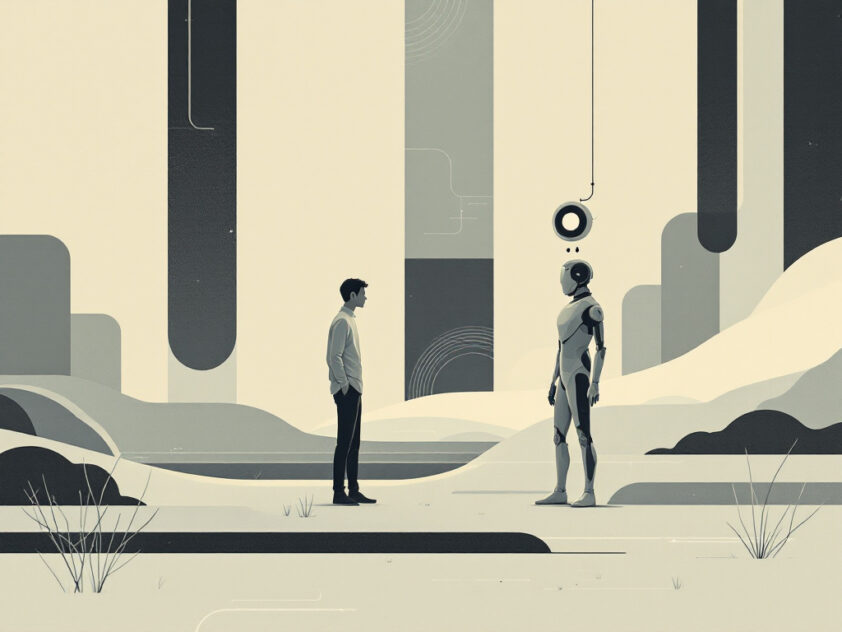 A minimalist, futuristic landscape illustrating an abstract conversation between a human figure and a technological entity.