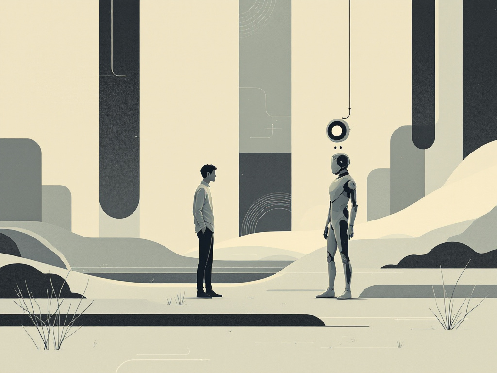 A minimalist, futuristic landscape illustrating an abstract conversation between a human figure and a technological entity.