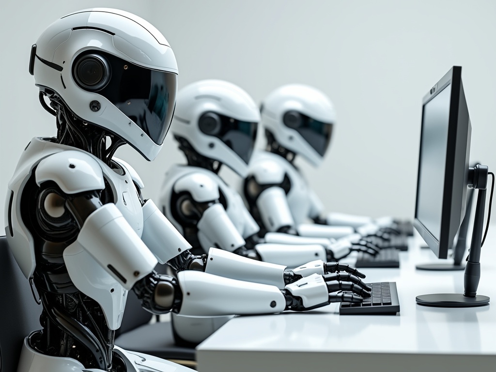 Three humanoid robots seated at a table typing on keyboards.