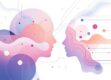 A futuristic, minimalist illustration depicting the intersection of artificial intelligence and human creativity with abstract shapes and gradients.