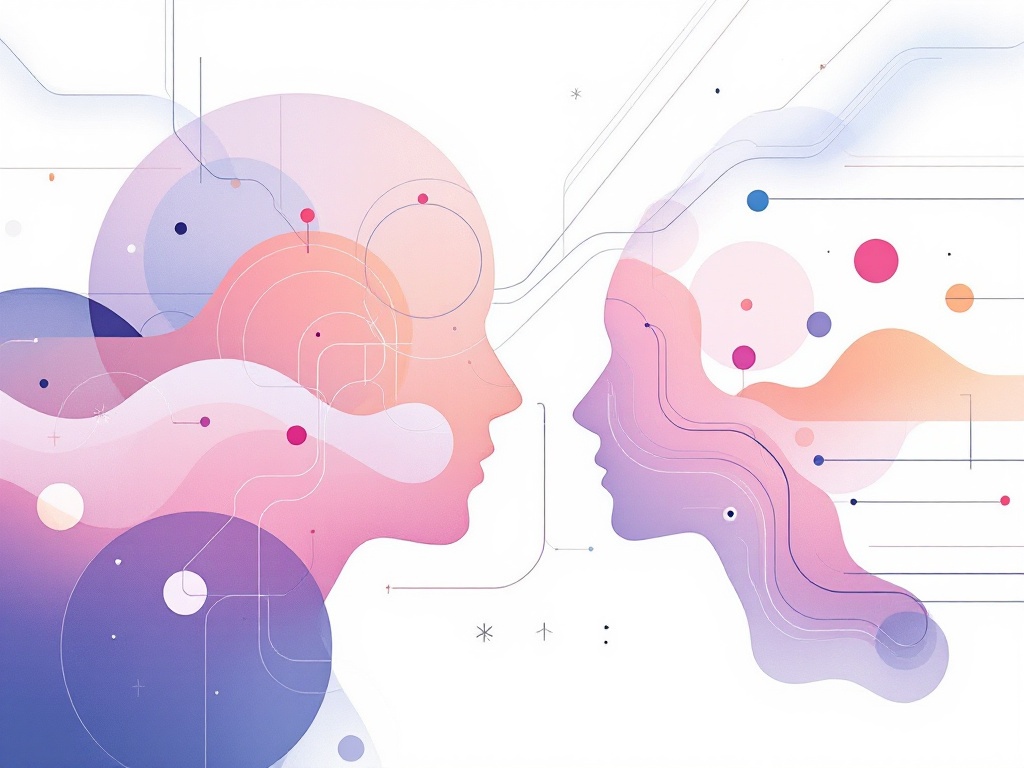 A futuristic, minimalist illustration depicting the intersection of artificial intelligence and human creativity with abstract shapes and gradients.