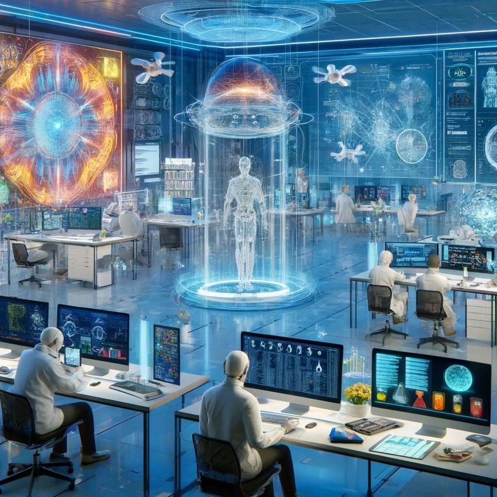 Futuristic research lab with scientists and holographic displays.