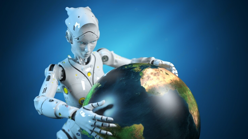 A humanoid robot cradling the Earth, symbolizing AI integration.