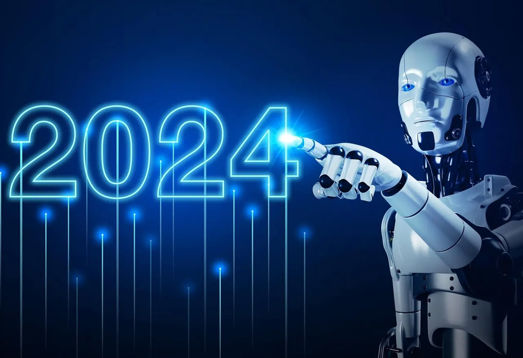 A futuristic robotic figure pointing to glowing blue numbers.