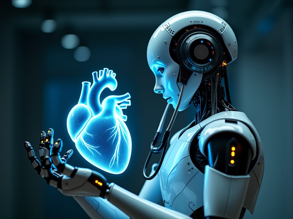 A humanoid robot examining a holographic model of a human heart.