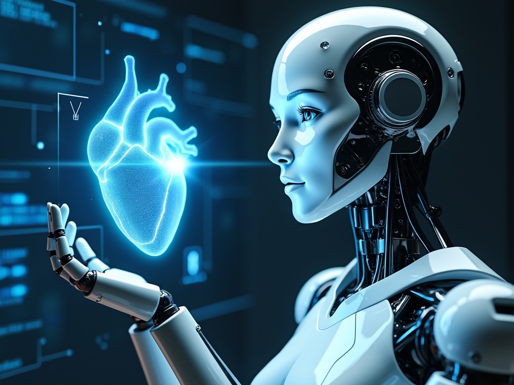 A humanoid robot analyzing a holographic representation of a heart.