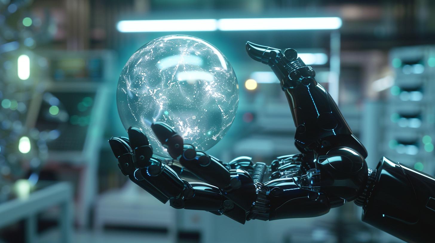 A robotic hand holding a glowing translucent globe.