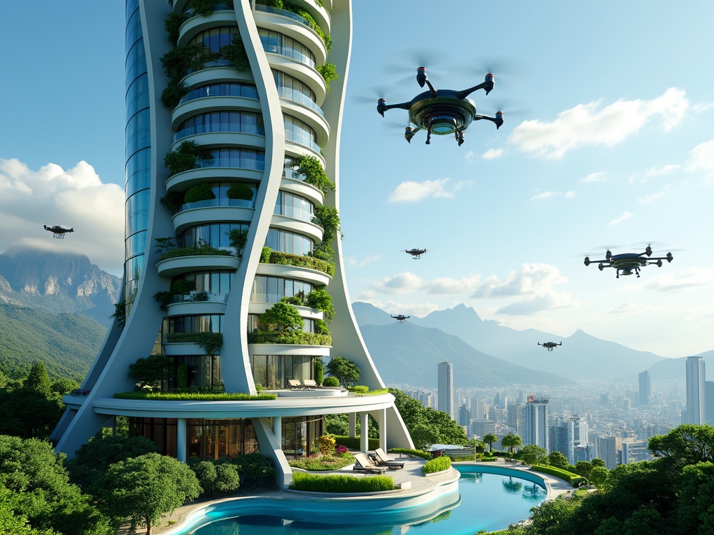 Futuristic skyscraper with vertical gardens and flying drones.