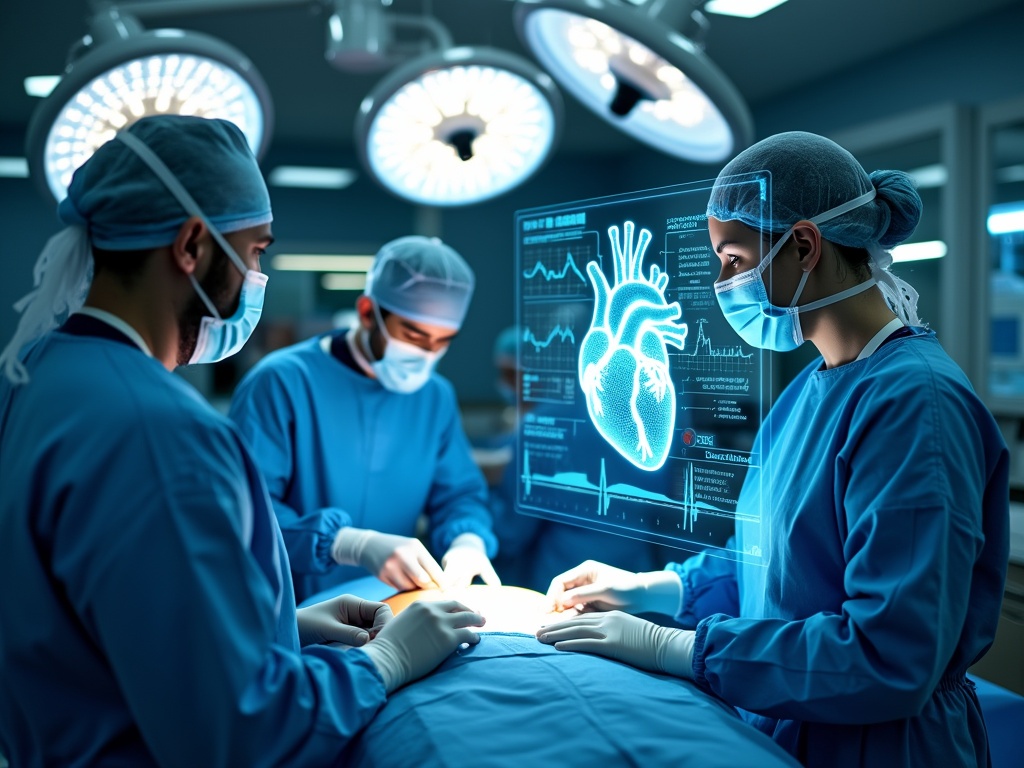 Surgeons in high-tech operating room with holographic heart display.