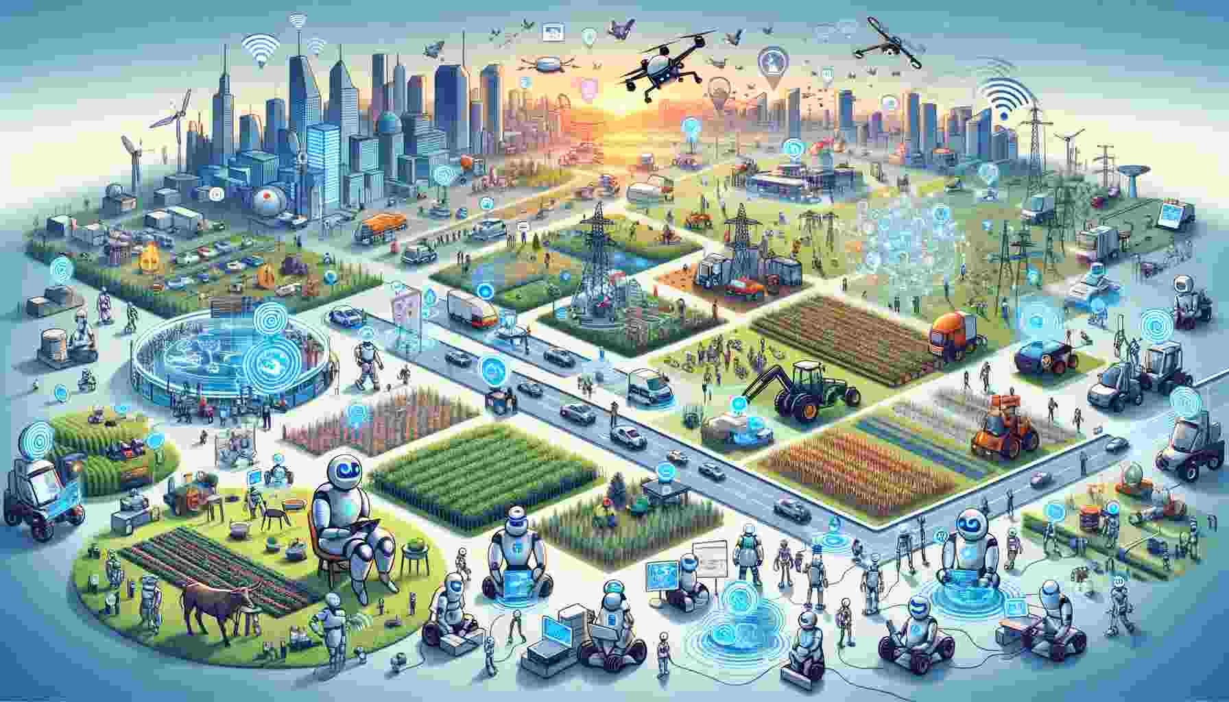 Futuristic urban landscape with AI systems and drones