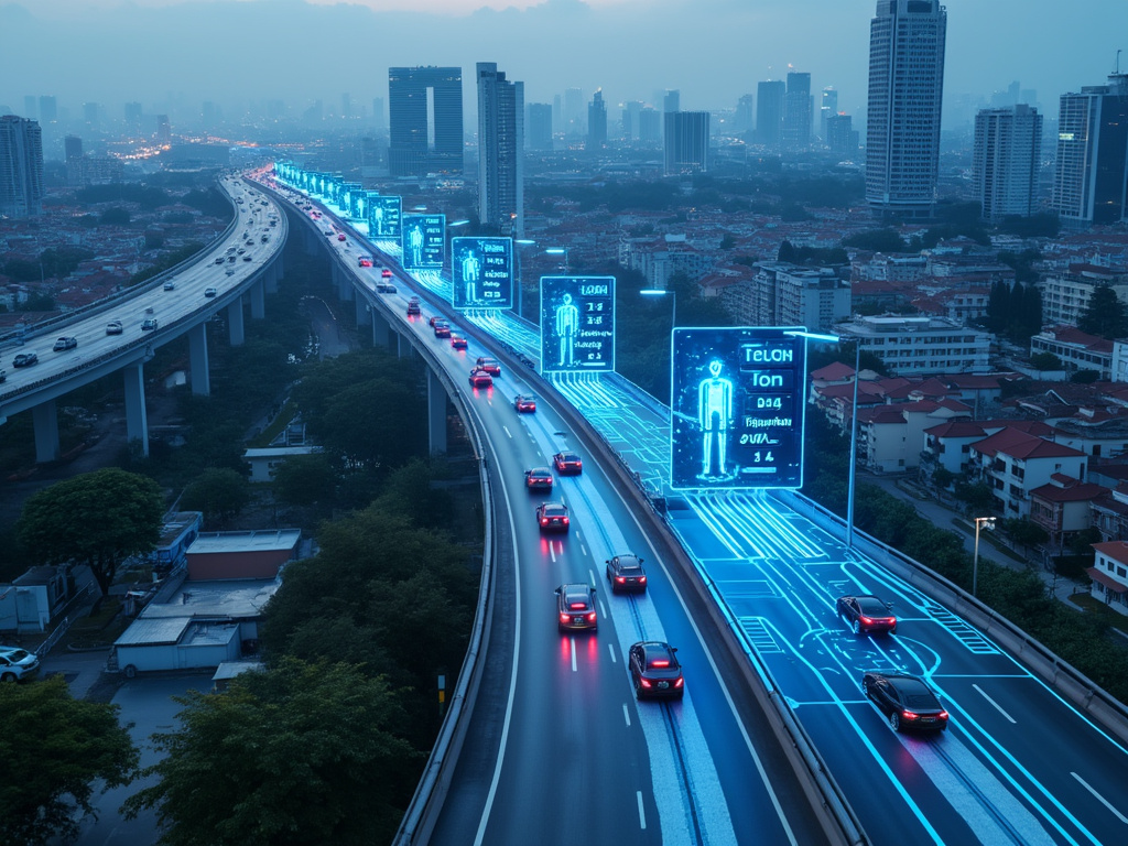 A futuristic cityscape with smart cars and digital connectivity.