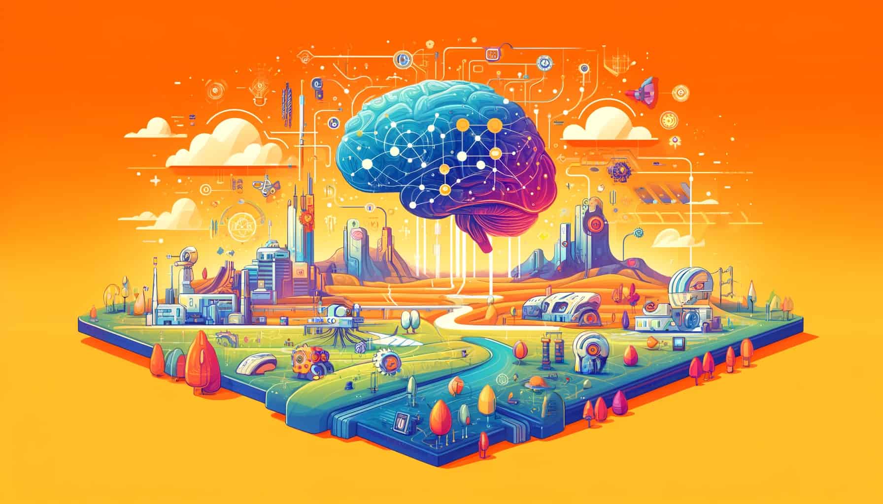 A vibrant landscape with a stylized brain at the center.