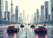 A futuristic city skyline featuring sleek, autonomous vehicles moving through minimalist streets with muted colors.