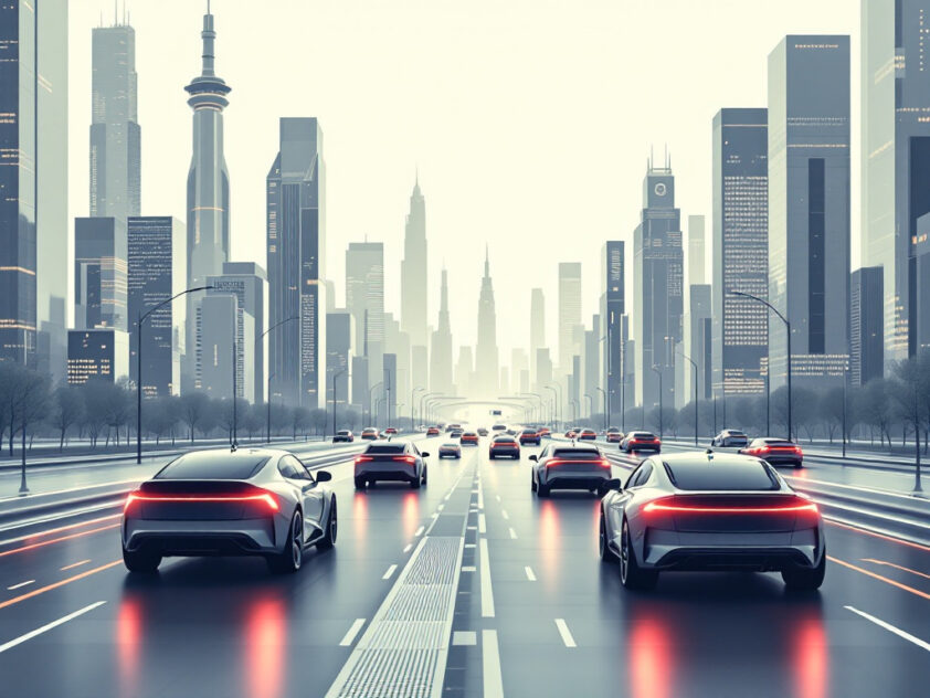 A futuristic city skyline featuring sleek, autonomous vehicles moving through minimalist streets with muted colors.