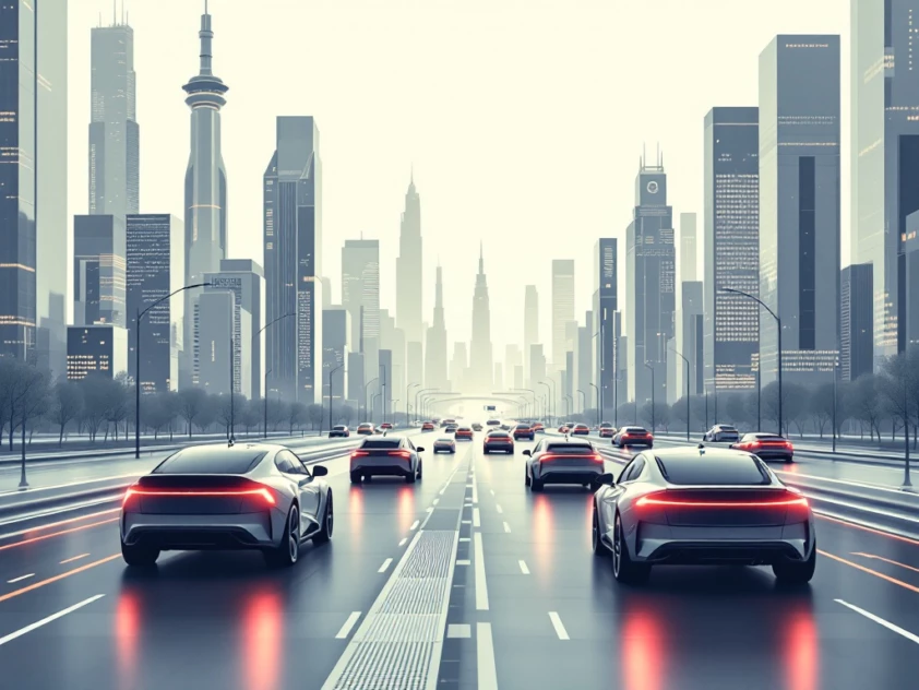 A futuristic city skyline featuring sleek, autonomous vehicles moving through minimalist streets with muted colors.