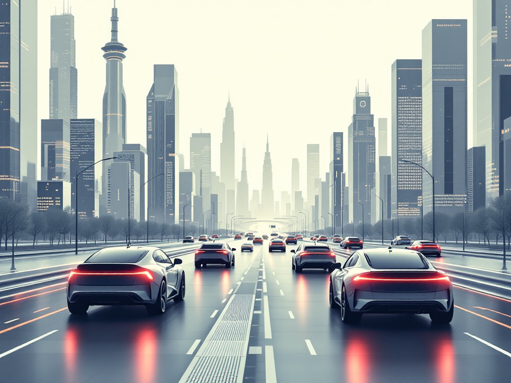 A futuristic city skyline featuring sleek, autonomous vehicles moving through minimalist streets with muted colors.