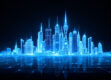 A digital wireframe of a futuristic city skyline with modern geometric shapes.
