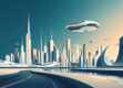 A minimalist abstract illustration of a futuristic city skyline with streamlined architecture and autonomous vehicles.