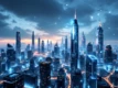 A futuristic city skyline with interconnected towers and glowing networks.