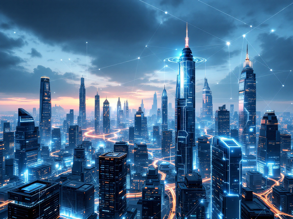 A futuristic city skyline with interconnected towers and glowing networks.