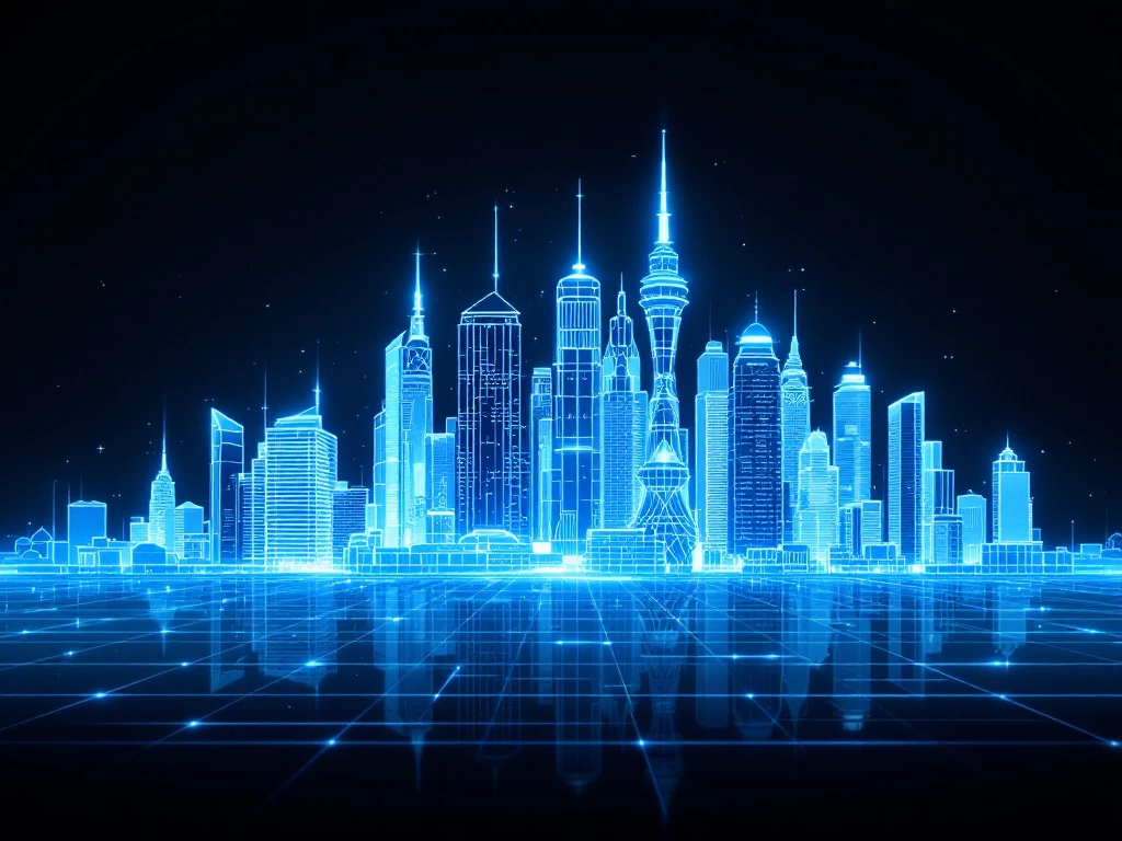 A digital wireframe of a futuristic city skyline with modern geometric shapes.