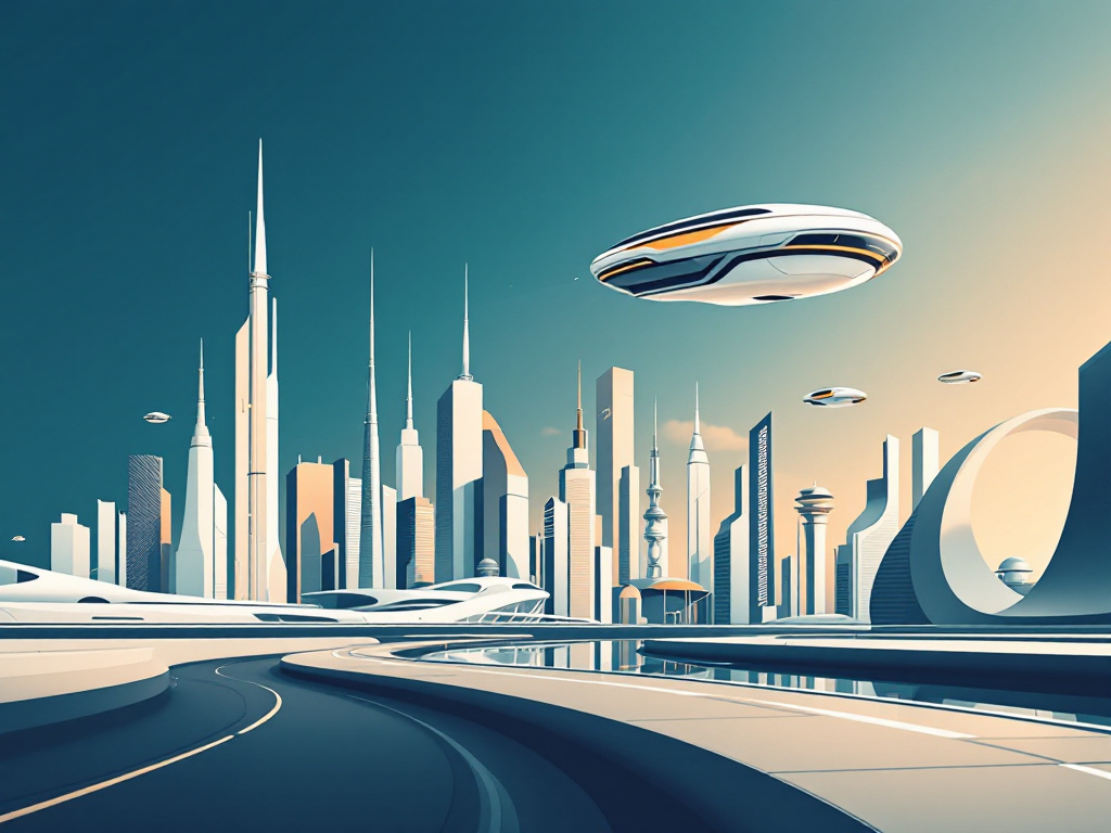 A minimalist abstract illustration of a futuristic city skyline with streamlined architecture and autonomous vehicles.