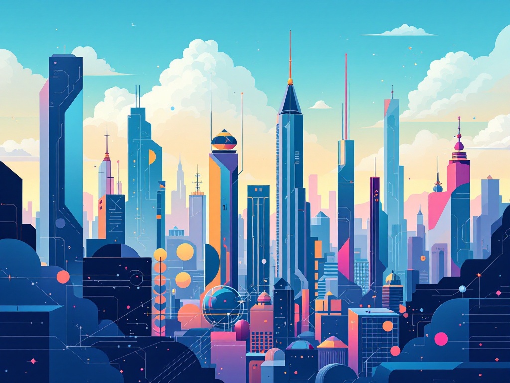 Minimalist digital illustration of a futuristic city skyline with abstract geometric shapes.