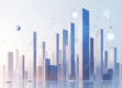 A futuristic, minimalist cityscape with tall, sleek skyscrapers and abstract geometric shapes.
