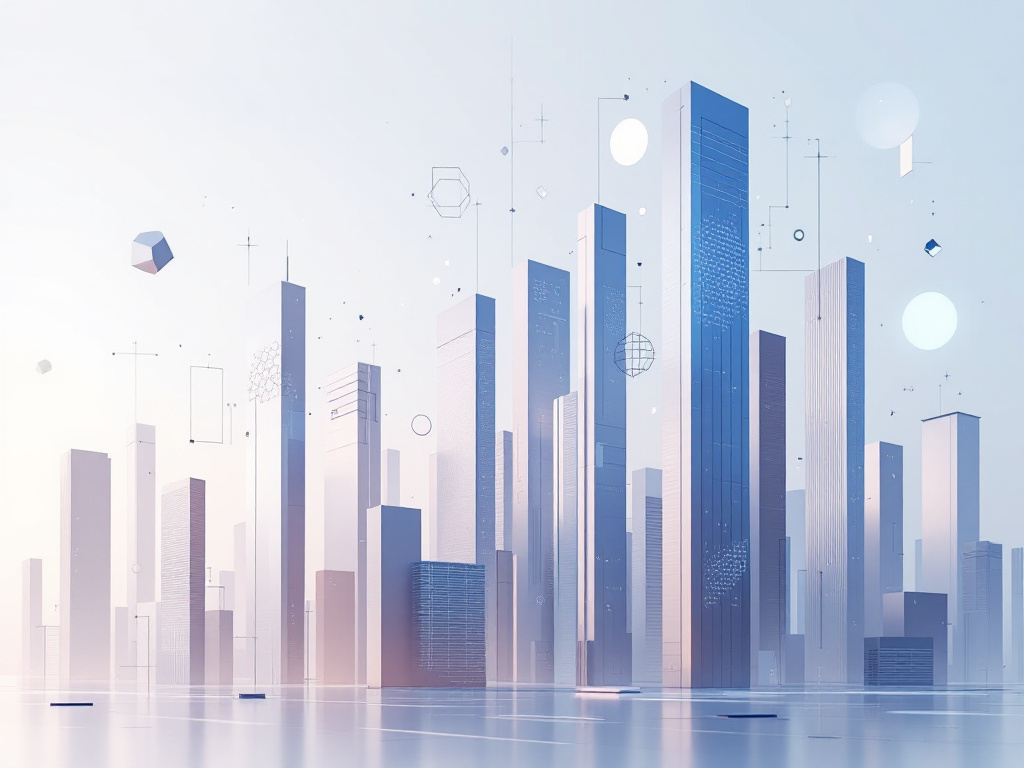 A futuristic, minimalist cityscape with tall, sleek skyscrapers and abstract geometric shapes.