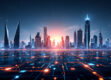 A digital cityscape featuring sleek skyscrapers and glowing networks representing cybersecurity.