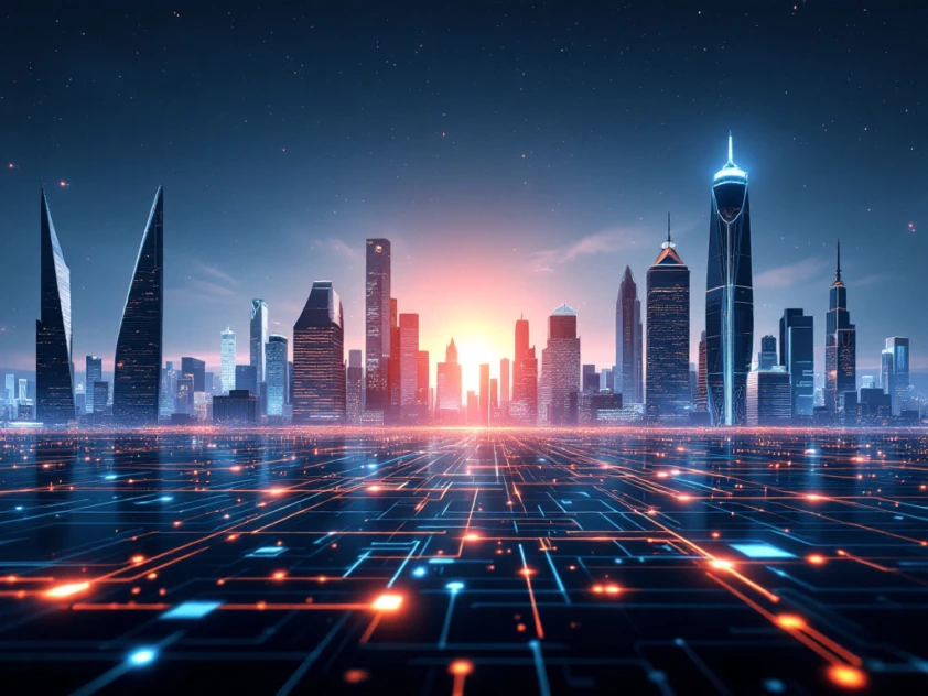 A digital cityscape featuring sleek skyscrapers and glowing networks representing cybersecurity.