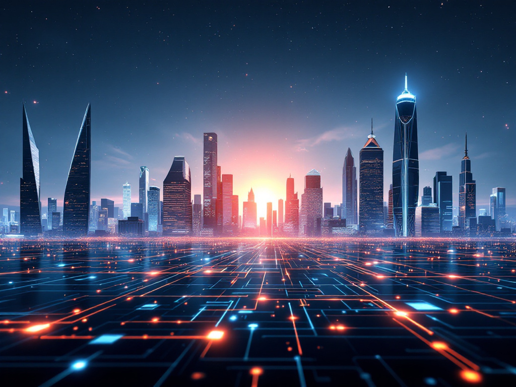 A digital cityscape featuring sleek skyscrapers and glowing networks representing cybersecurity.