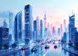 A futuristic cityscape with glowing skyscrapers and autonomous vehicles moving in the streets.