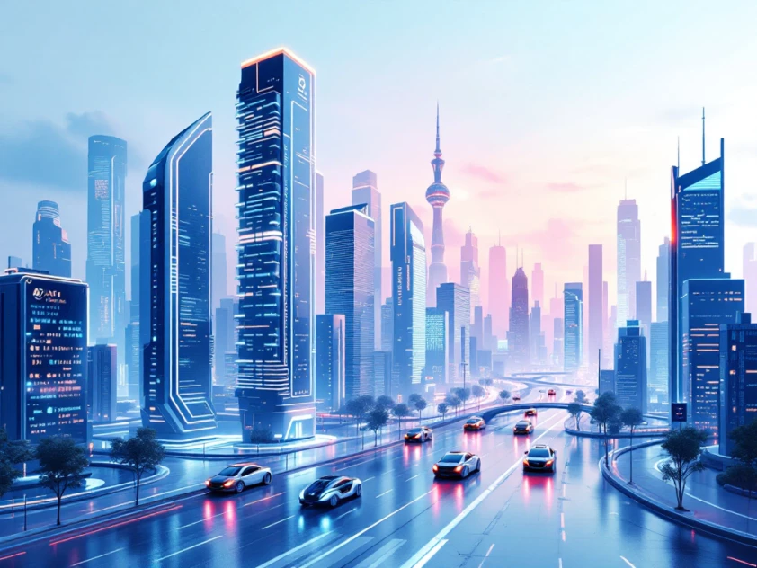 A futuristic cityscape with glowing skyscrapers and autonomous vehicles moving in the streets.