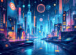 A modern illustration of a futuristic cityscape with glowing architectural elements.
