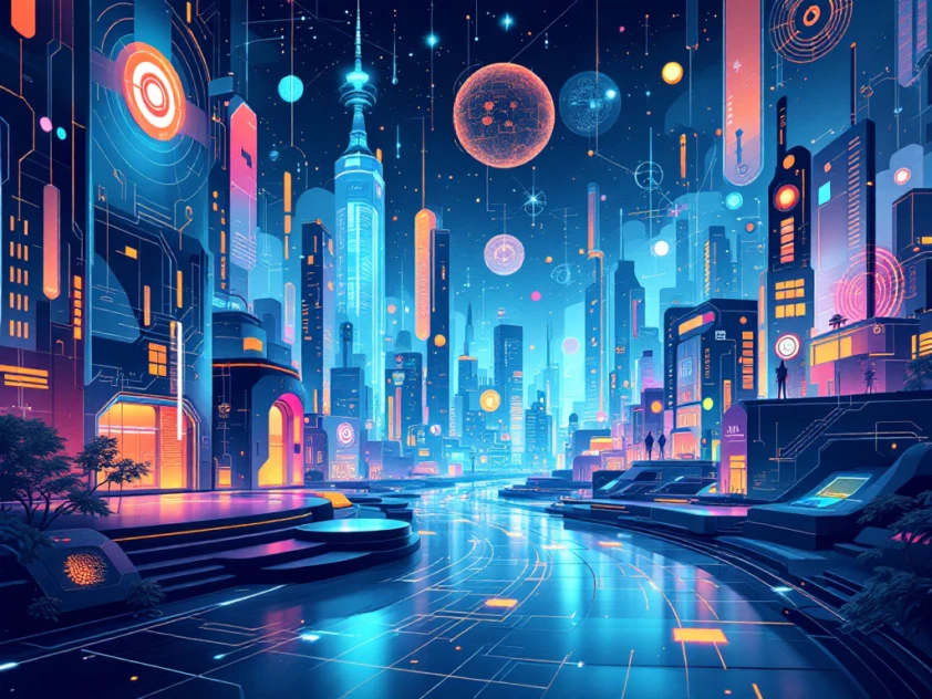 A modern illustration of a futuristic cityscape with glowing architectural elements.