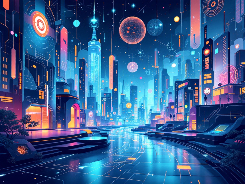 A modern illustration of a futuristic cityscape with glowing architectural elements.