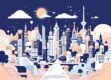 A clean, minimalist illustration of a futuristic cityscape with geometric shapes and architectural elements.