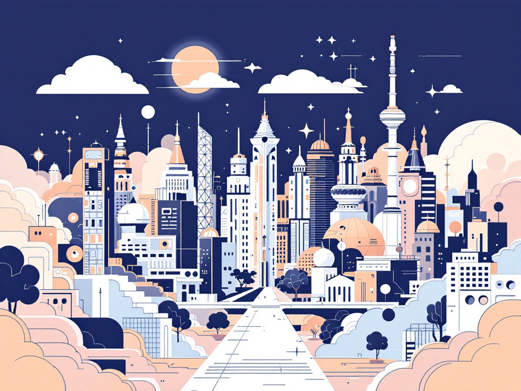 A clean, minimalist illustration of a futuristic cityscape with geometric shapes and architectural elements.