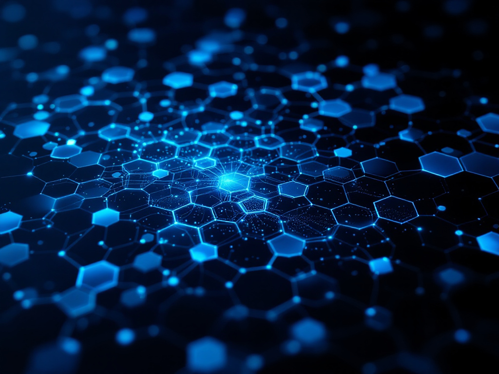 A futuristic digital honeycomb structure with interconnected hexagonal cells in shades of blues and grays.