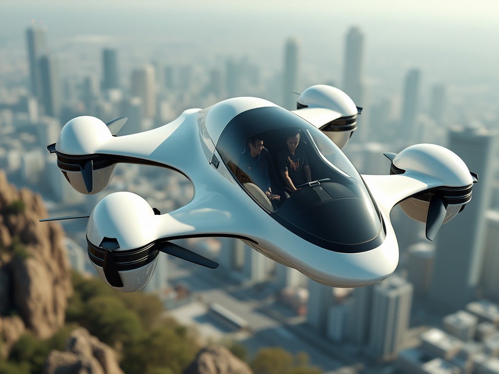 A futuristic flying car with multiple rotors above a city.