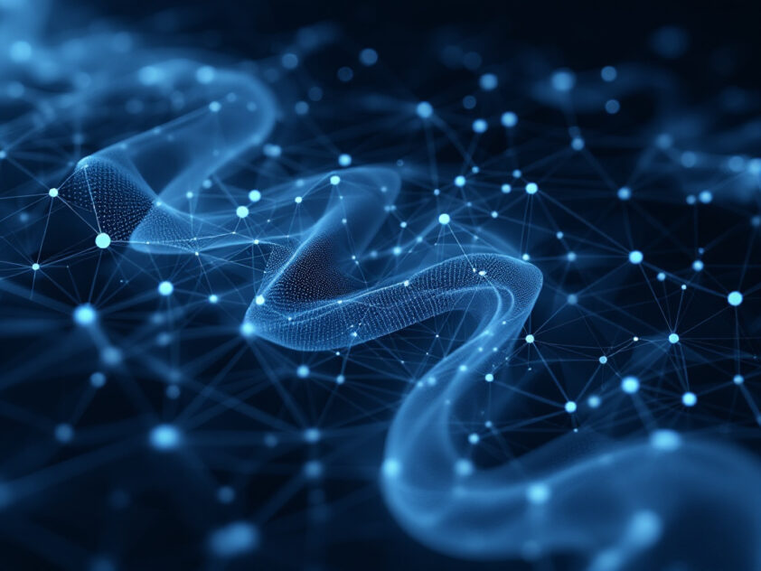A sleek, futuristic mesh of interconnected geometric shapes in shades of blue and gray representing complex networks in a defense setting.