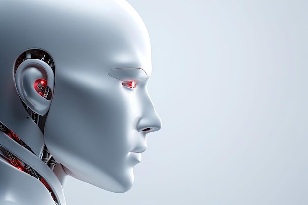 A futuristic humanoid robot with glowing red eyes in profile.