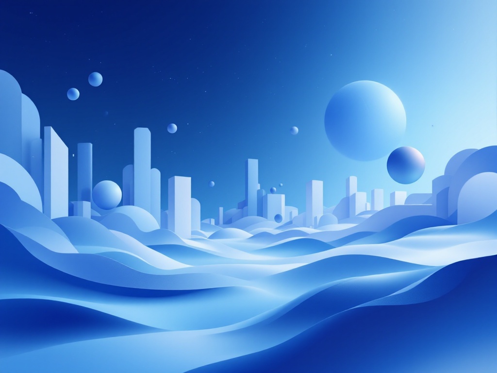 A minimalist, futuristic landscape featuring geometric shapes and gradients in shades of blue.
